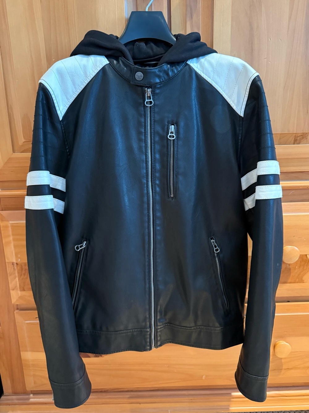 Men's Black Faux Leather Jacket with White Accents and Detachable Hood